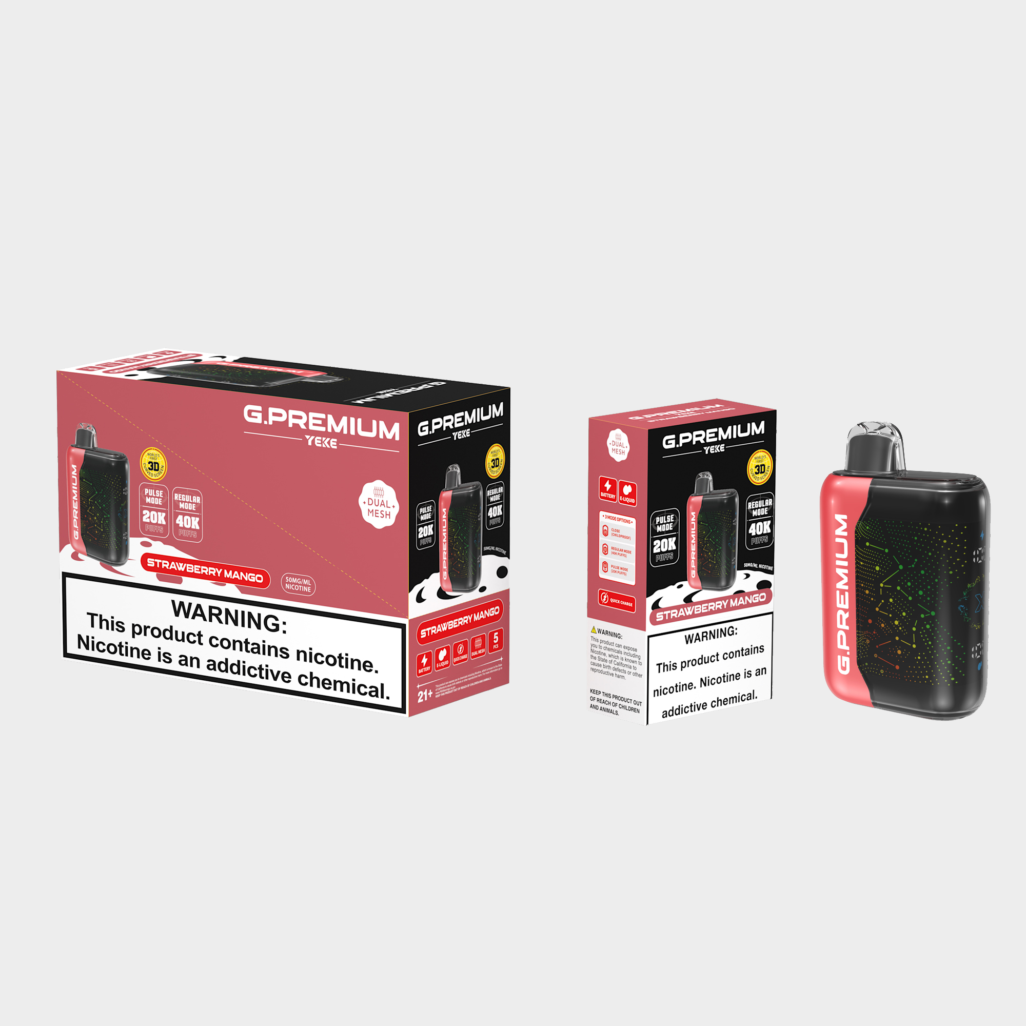 <p>The Strawberry Mango G.PREMIUM 40K disposable device deliver a perfect balance of strawberry ,Sweet Mango flavour enhanced with a refreshing menthol breeze, and full of tropical flair in every puff.</p><p><strong>Key Features:</strong></p><p><strong>Flavour Profile:</strong> Strawberry Mango</p><p><strong>Puff Count:</strong> Up to 40,000 puffs per device·&nbsp;&nbsp;</p><p><strong>E-liquid Capacity:</strong> 18ml ·&nbsp;</p><p><strong>Coil Type: </strong>Dual Mesh Coils</p><p><strong>Battery Capacity</strong>: 800mAh (Rechargeable)</p><p><strong>Modes</strong>: Normal & Boost</p><p><strong>LED Display</strong>: Yes.</p><p><strong>Activation:</strong> Draw-activated firing</p><p><strong>Available Flavours:</strong> 32</p>