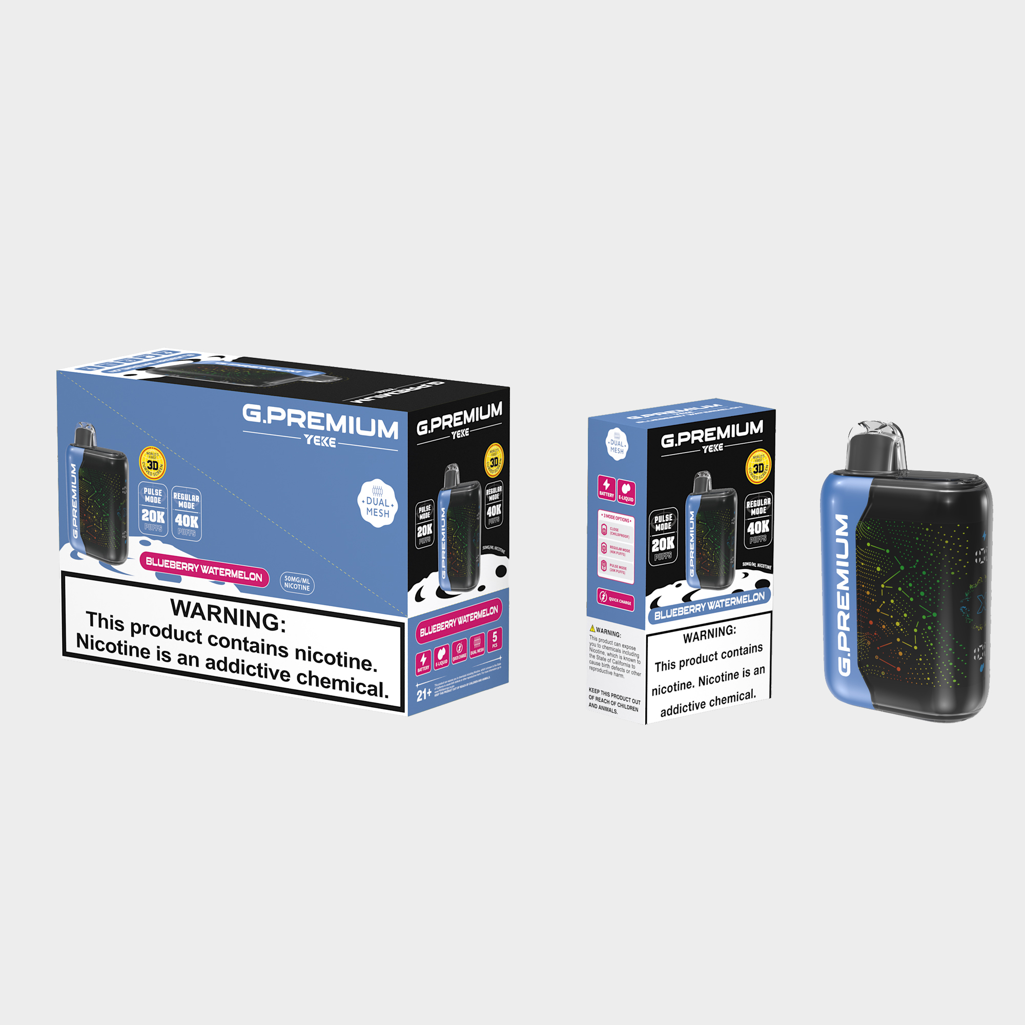 <p>The Blueberry Watermelon G.PREMIUM 40K disposable device deliver a perfect balance of blueberry ,Sweet watermelon flavour enhanced with a refreshing menthol breeze, and full of tropical flair in every puff.</p><p><strong>Key Features:</strong></p><p><strong>Flavour Profile:</strong> Blueberry Watermelon</p><p><strong>Puff Count:</strong> Up to 40,000 puffs per device·&nbsp;</p><p><strong>E-liquid Capacity</strong>: 18ml ·&nbsp;</p><p><strong>Coil Type</strong>: Dual Mesh Coils</p><p><strong>Battery Capacity</strong>: 800mAh (Rechargeable)</p><p><strong>Modes:</strong> Normal & Boost</p><p><strong>LED Display</strong>: Yes.</p><p><strong>Activation:</strong> Draw-activated firing</p><p><strong>Available Flavours</strong>: 32</p><p><br/></p>