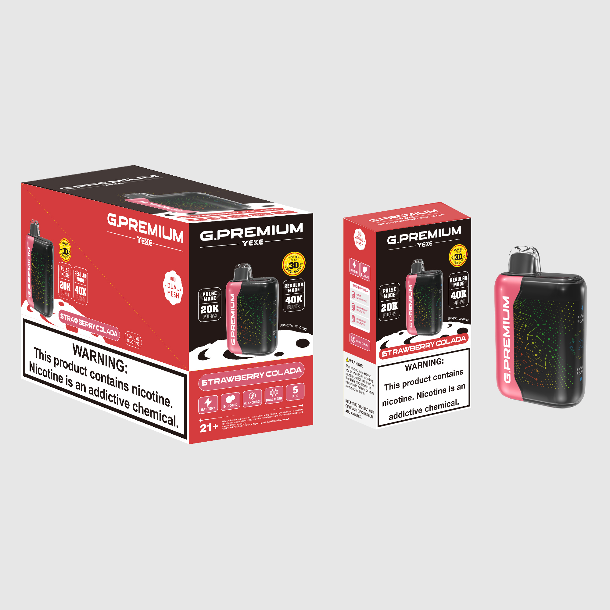 <p>The Strawberry colada G.PREMIUM 40K disposable device deliver&nbsp; balanced of Srawberry,Sweety flavour enhanced with a refreshing tropical taste, and full of tropical flair in every puff.</p><p><strong>Key Features:</strong></p><p><strong>Flavour Profile: </strong>Strawberry Colada</p><p><strong>Puff Count: </strong>Up to 40,000 puffs per device·&nbsp;</p><p><strong>E-liquid Capacity:</strong> 18ml ·&nbsp;</p><p><strong>Coil Type:</strong> Dual Mesh Coils</p><p><strong>Battery Capacity: </strong>800mAh (Rechargeable)</p><p><strong>Modes</strong>: Normal & Boost</p><p><strong>LED Display</strong>: Yes.</p><p><strong>Activation</strong>: Draw-activated firing</p><p><strong>Available Flavours</strong>: 32</p>