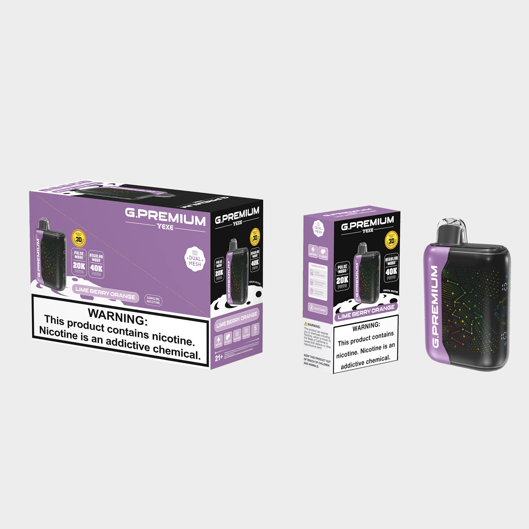 <p>The Lime Berry Orange G.PREMIUM 40K disposable device deliver A zesty blend of tangy berry，Orange and lime for bold citrus freshness.</p><p><strong>Key Features:</strong></p><p><strong>Flavour Profile:&nbsp; </strong>Lime Berry Orange</p><p><strong>Puff Count</strong>: Up to 40,000 puffs per device&nbsp;</p><p><strong>E-liquid Capacity: </strong>18ml ·&nbsp;</p><p><strong>Coil Type: </strong>Dual Mesh Coils</p><p><strong>Battery Capacity:</strong> 800mAh (Rechargeable)</p><p><strong>Modes:</strong> Normal & Boost</p><p><strong>LED Display</strong>: Yes.</p><p><strong>Activation: </strong>Draw-activated firing</p><p><strong>Available Flavours</strong>: 32</p>