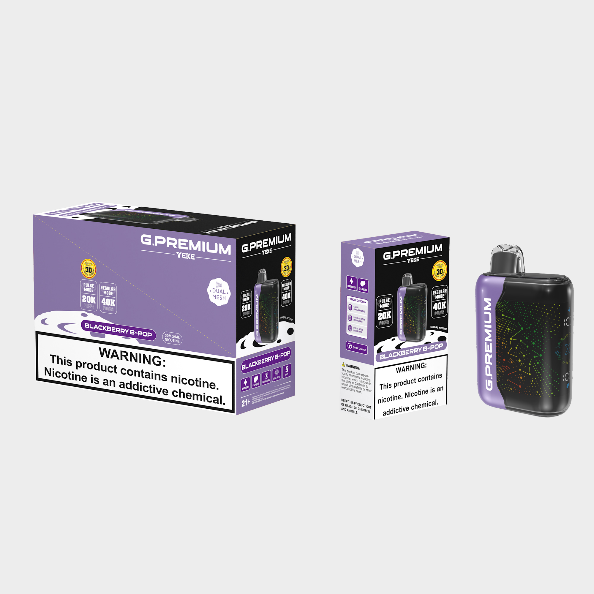 <p>The Blackberry B-pop G.PREMIUM 40K disposable device deliver Juicy blackberries and fresh raspberries combine for a bold, tangy fruit burst, and full of tropical flair in every puff.</p><p><strong>Key Features:</strong></p><p><strong>Flavour Profile:</strong> Blackberry B-pop</p><p><strong>Puff Count:</strong> Up to 40,000 puffs per device·&nbsp;&nbsp;</p><p><strong>E-liquid Capacity: </strong>18ml ·&nbsp;</p><p><strong>Coil Type</strong>: Dual Mesh Coils</p><p><strong>Battery Capacity:</strong> 800mAh (Rechargeable)</p><p><strong>Modes</strong>: Normal & Boost</p><p><strong>LED Display</strong>: Yes.</p><p><strong>Activation</strong>: Draw-activated firing</p><p><strong>Available Flavours:</strong> 32</p><p><br/></p>