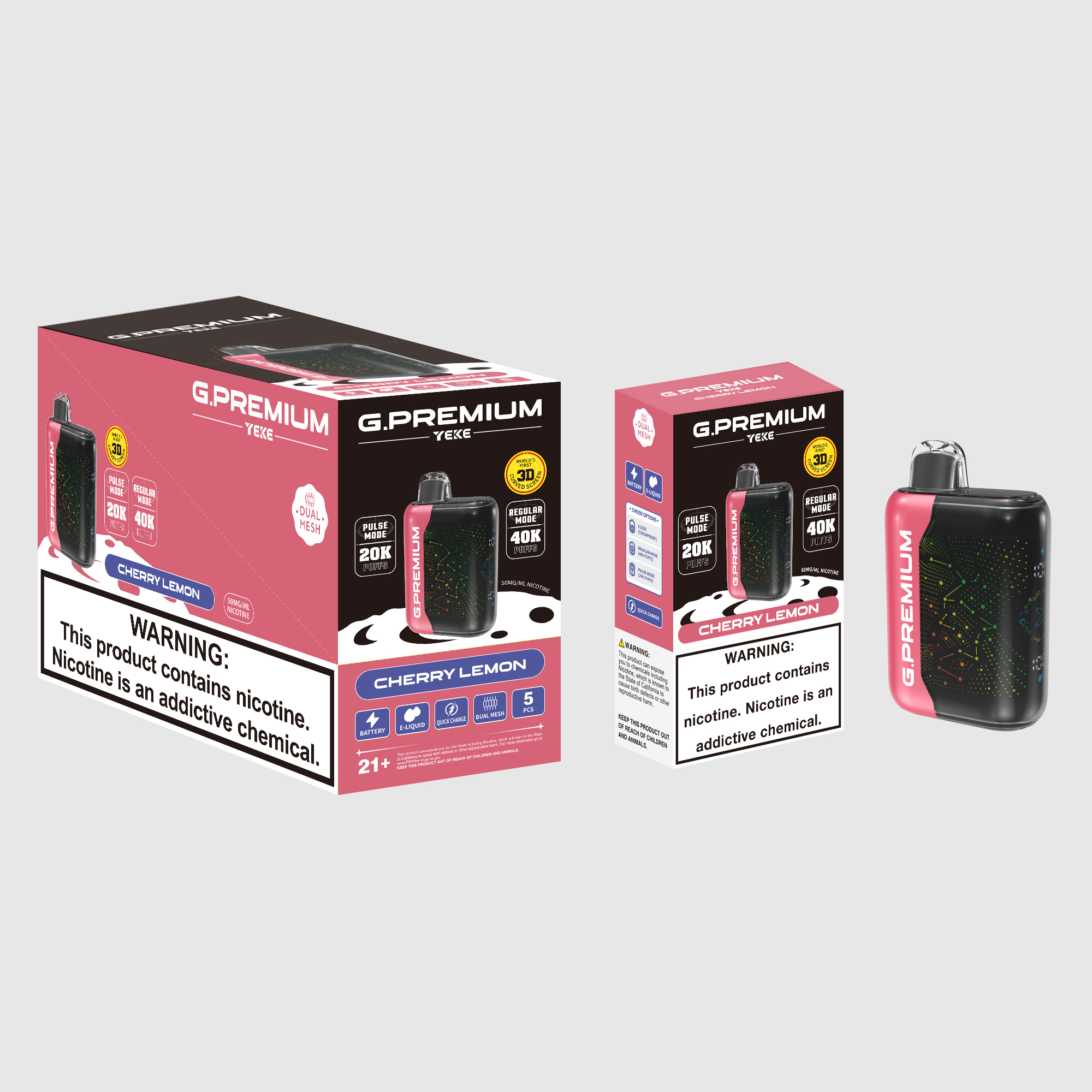 <p>The Cherry Lemon G.PREMIUM 40K disposable device deliver&nbsp; balanced with Cherry zesty lemon for a refreshing tropical taste, and full of tropical flair in every puff.</p><p><strong>Key Features:</strong></p><p><strong>Flavour Profile</strong>: Cherry Lemon</p><p><strong>Puff Count: </strong>Up to 40,000 puffs per device·&nbsp;</p><p><strong>E-liquid Capacity: </strong>18ml ·&nbsp;</p><p><strong>Coil Type: </strong>Dual Mesh Coils</p><p><strong>Battery Capacity:</strong> 800mAh (Rechargeable)</p><p><strong>Modes: </strong>Normal & Boost</p><p><strong>LED Display</strong>: Yes.</p><p><strong>Activation:</strong> Draw-activated firing</p><p><strong>Available Flavours</strong>: 32</p>