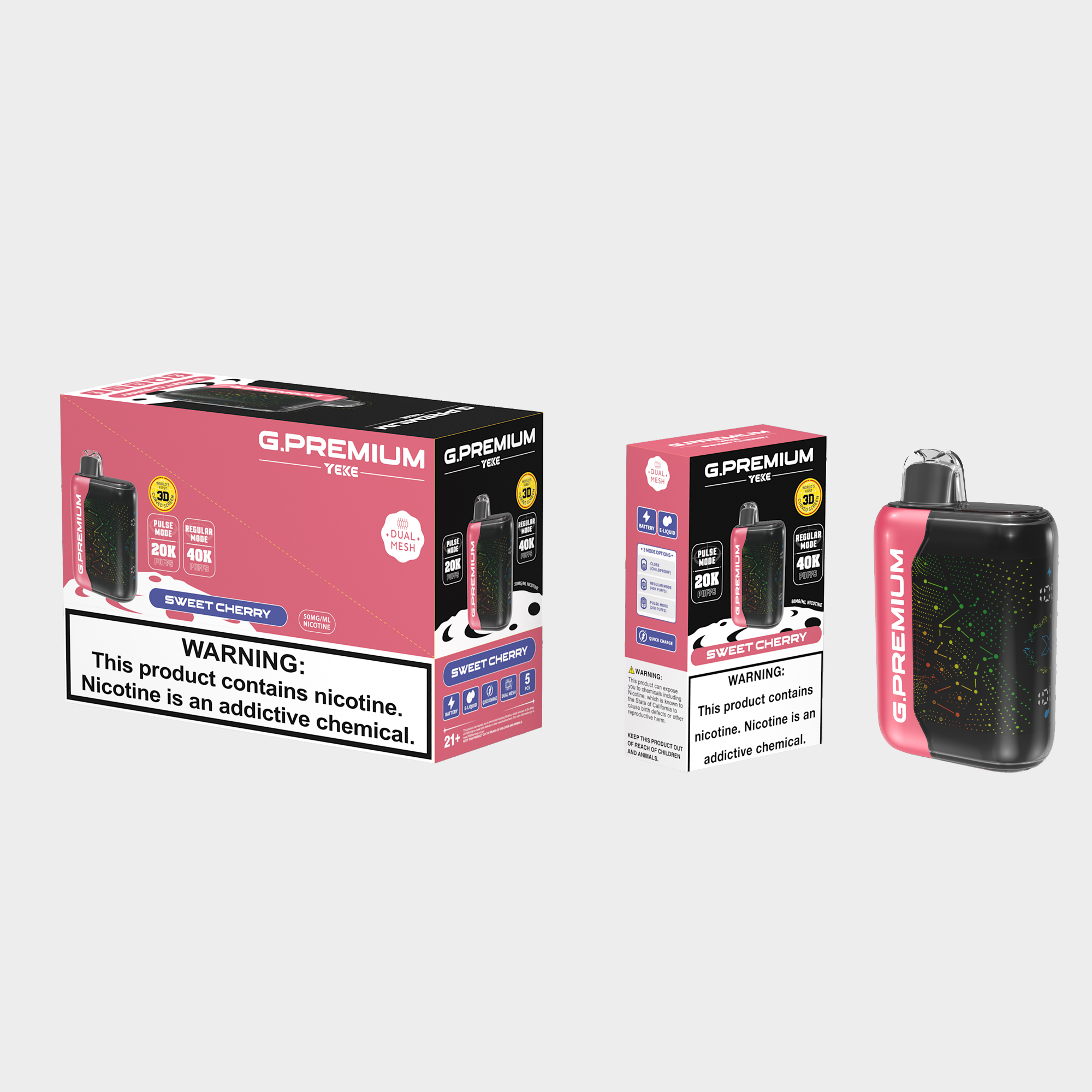 <p>The Sweet Cherry G.PREMIUM 40K disposable device deliver Indulge in the refreshing taste of cherry, and full of tropical flair in every puff.</p><p><strong>Key Features:</strong></p><p><strong>Flavour Profile: </strong>Sweet Cherry</p><p><strong>Puff Count:</strong> Up to 40,000 puffs per device·&nbsp;&nbsp;</p><p><strong>E-liquid Capacity: </strong>18ml ·&nbsp;</p><p><strong>Coil Type: </strong>Dual Mesh Coils</p><p><strong>Battery Capacity:</strong> 800mAh (Rechargeable)</p><p><strong>Modes: </strong>Normal & Boost</p><p><strong>LED Display</strong>: Yes.</p><p><strong>Activation</strong>: Draw-activated firing</p><p><strong>Available Flavours: </strong>32</p>